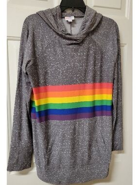 Lularoe Amber Hoodie RARE unicorn Rainbow Stripe Pride L LARGE Slinky Scuba NWOT